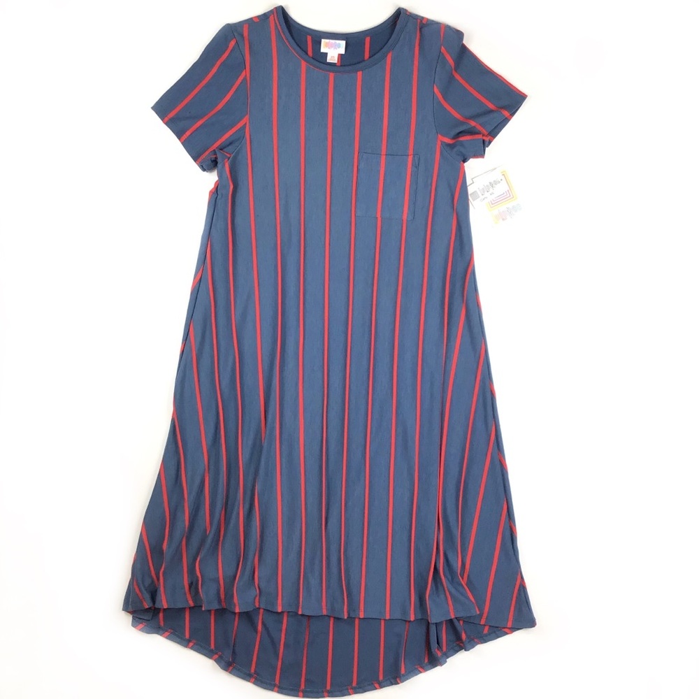 New LulaRoe Carly xs striped shirt dress vertical blue red patriotic
